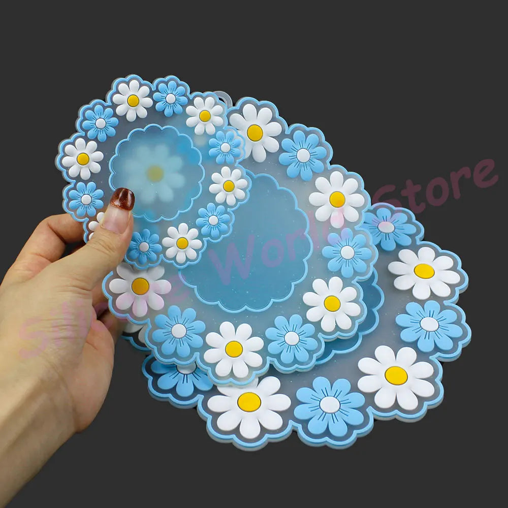Sakura and Daisy Floral PVC Drink Coaster | Soft Flower Cup Mat in Pink White or Blue for Cheerful Tables