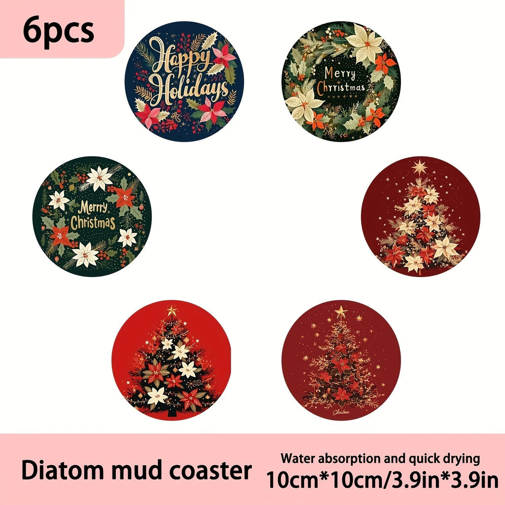 Colorful Christmas Tree Wooden Coaster Set of 6, 10 cm Printed Holiday Drink Mats for Festive Coffee Tables and Tea Cups
