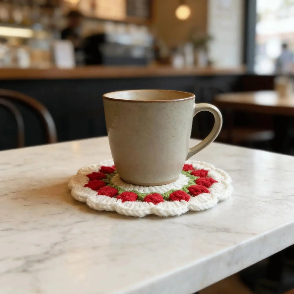 Pink Floral Crochet Style Drink Coaster for Coffee Tables Kitchen Decor and Gift Giving