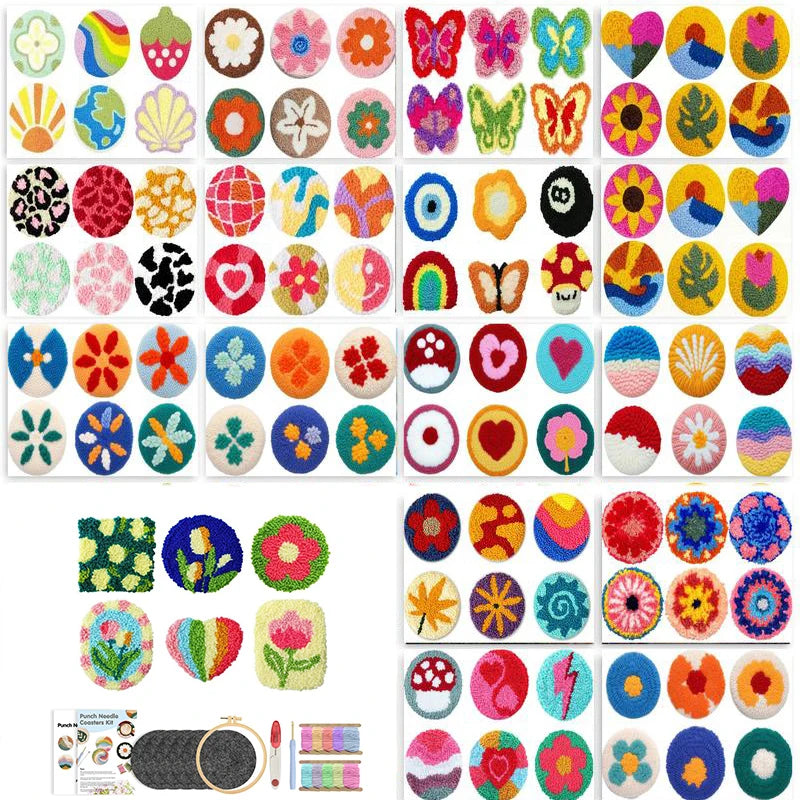 Flower Pattern Punch Needle Coaster Craft Kit for Beginners Tufted Mug Rugs and Creative Gifts