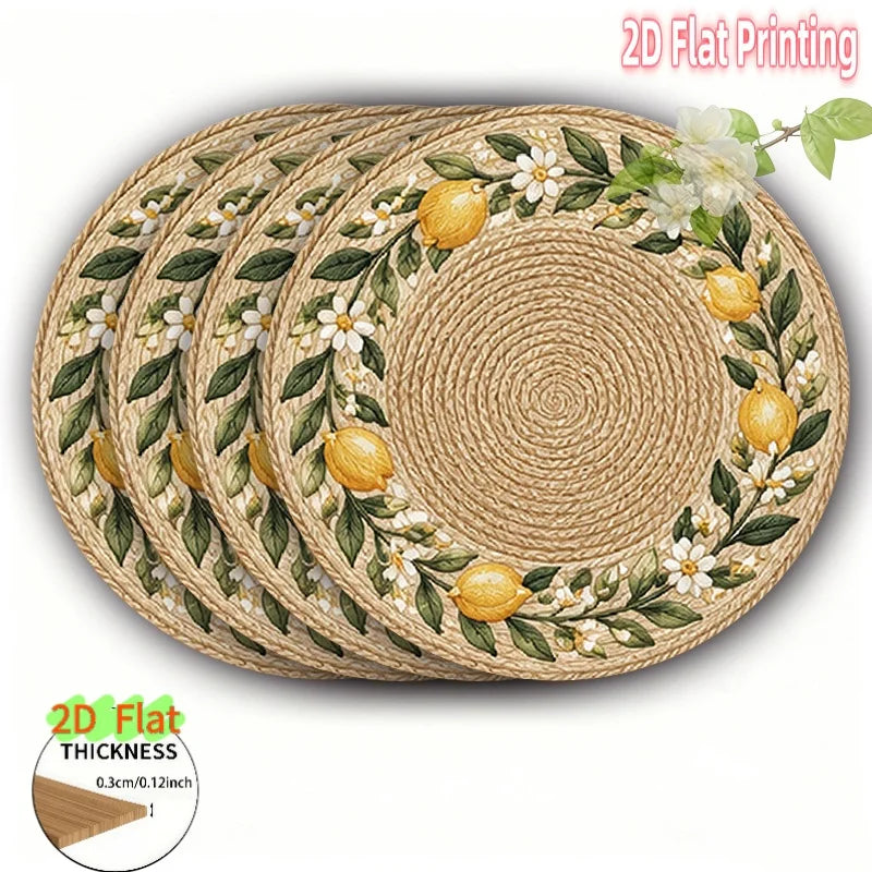 Lemon and Floral Rattan-Look Wooden Table Mats Set of 4, Flat Printed Placemats for Cheerful Dining and Summer Hosting