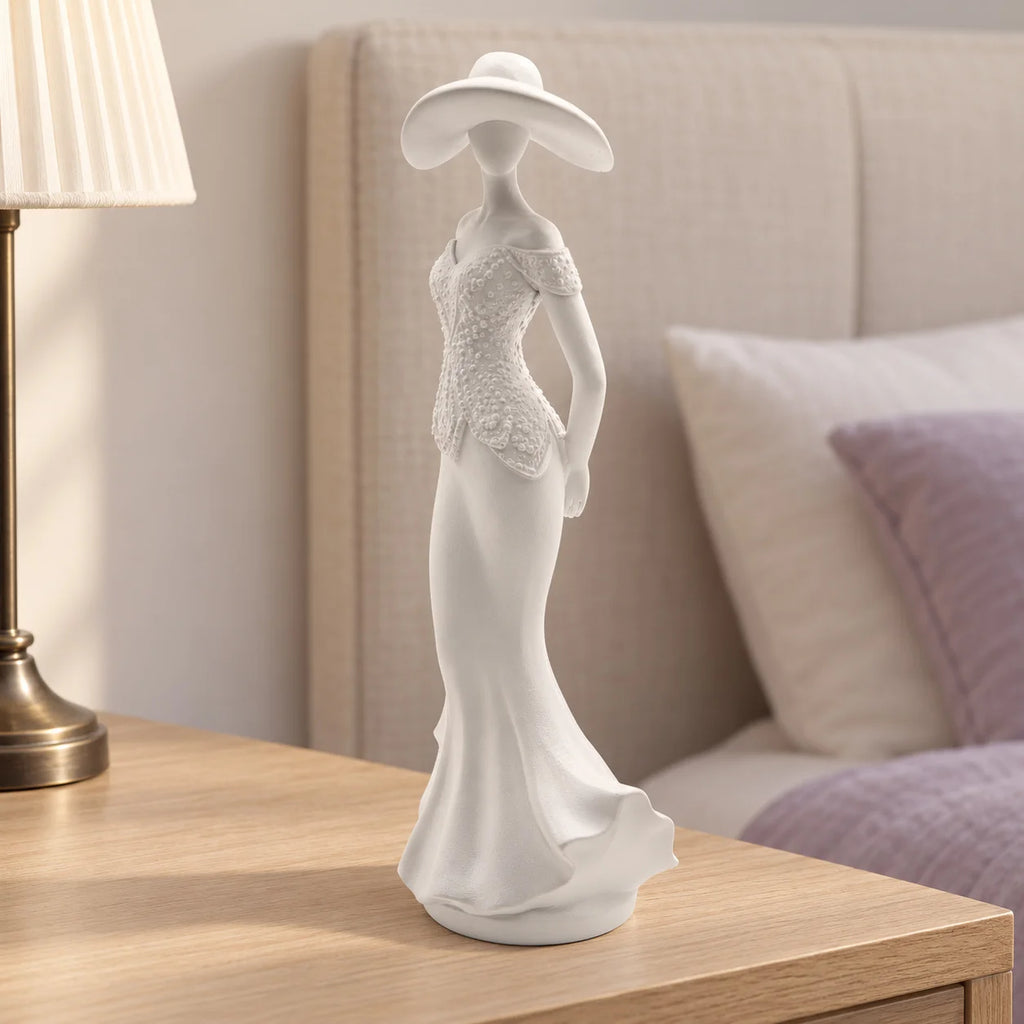 White Lady Resin Sculpture with Wide Brim Hat, Elegant Figurine for Desk, Shelf and Living Room Decor, Two Styles