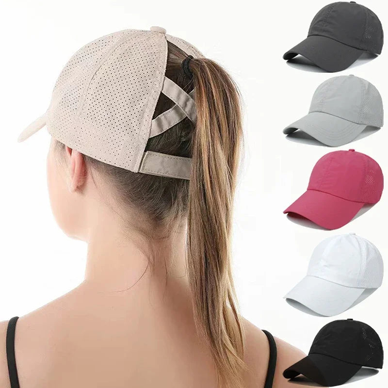 Women’s Quick-Dry Mesh Ponytail Baseball Cap – Cross Strap Athletic Golf Hat