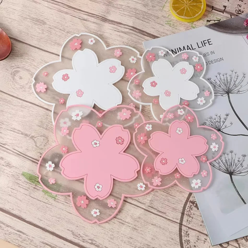 Cherry Blossom Non Slip Drink Coaster Set for Cups Coffee Tables and Kitchen Decor