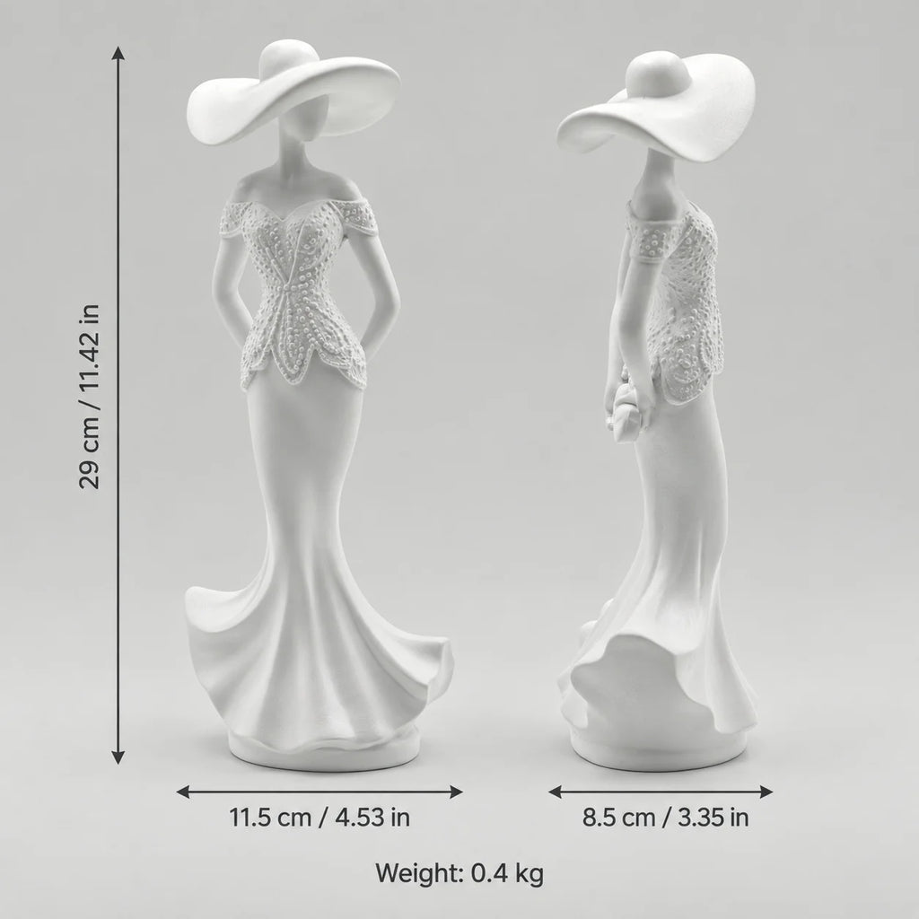 White Lady Resin Sculpture with Wide Brim Hat, Elegant Figurine for Desk, Shelf and Living Room Decor, Two Styles