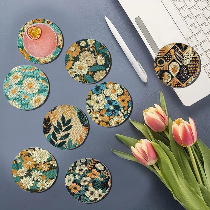 Floral DIY Diamond Painting Coaster Kit Set of 8 | Colorful Mosaic Drink Coasters for Creative Coffee Tables