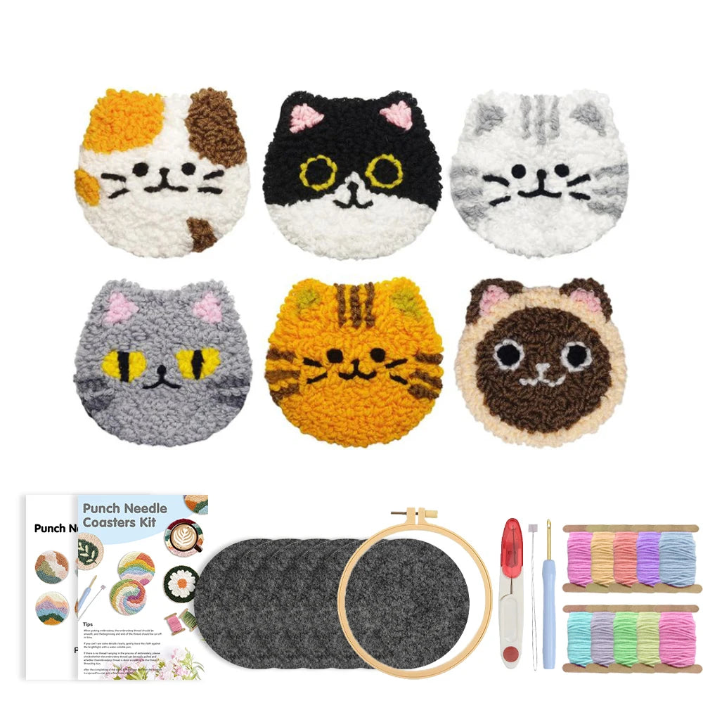 Cat Punch Needle Coaster Craft Kit for Beginners Handmade Animal Mug Rugs and Creative Gifts