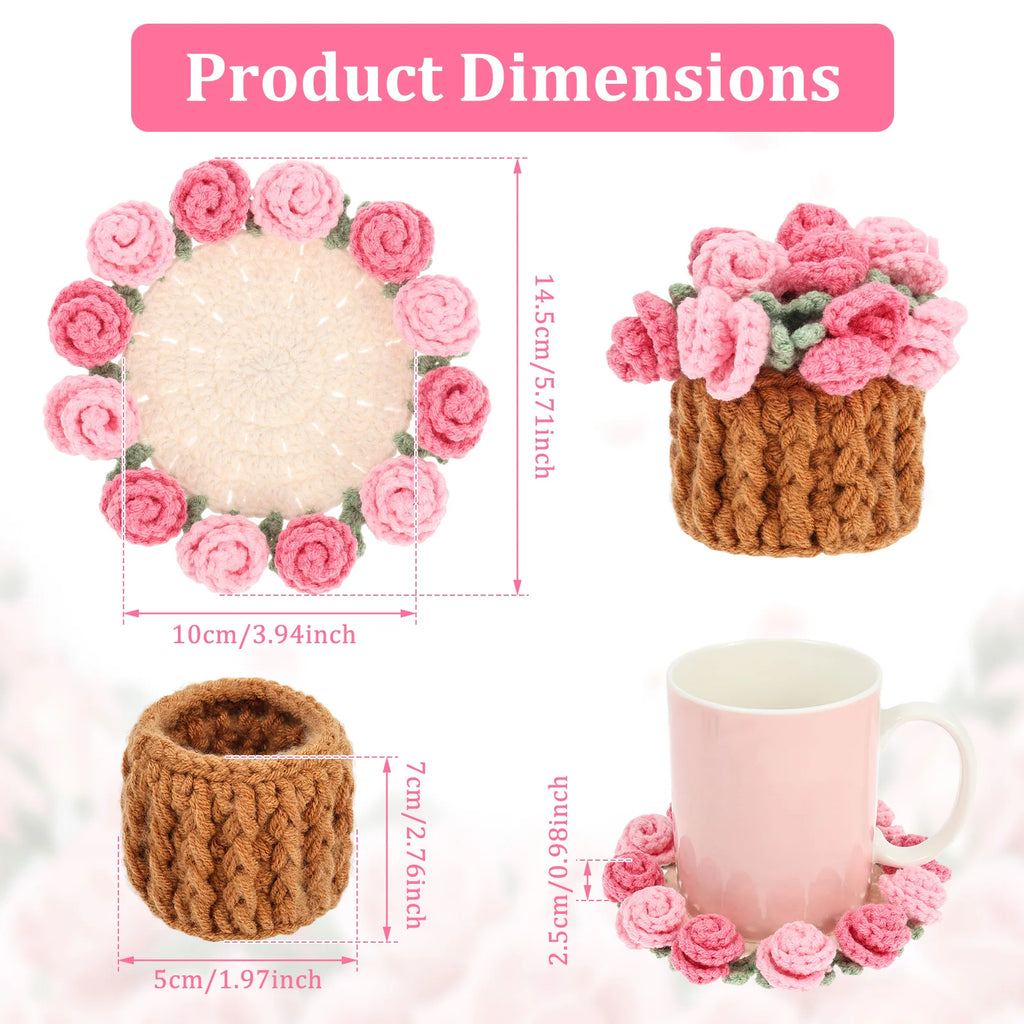 Crochet Rose Bouquet Drink Coasters for Coffee Tables Handmade Style Floral Home Decor