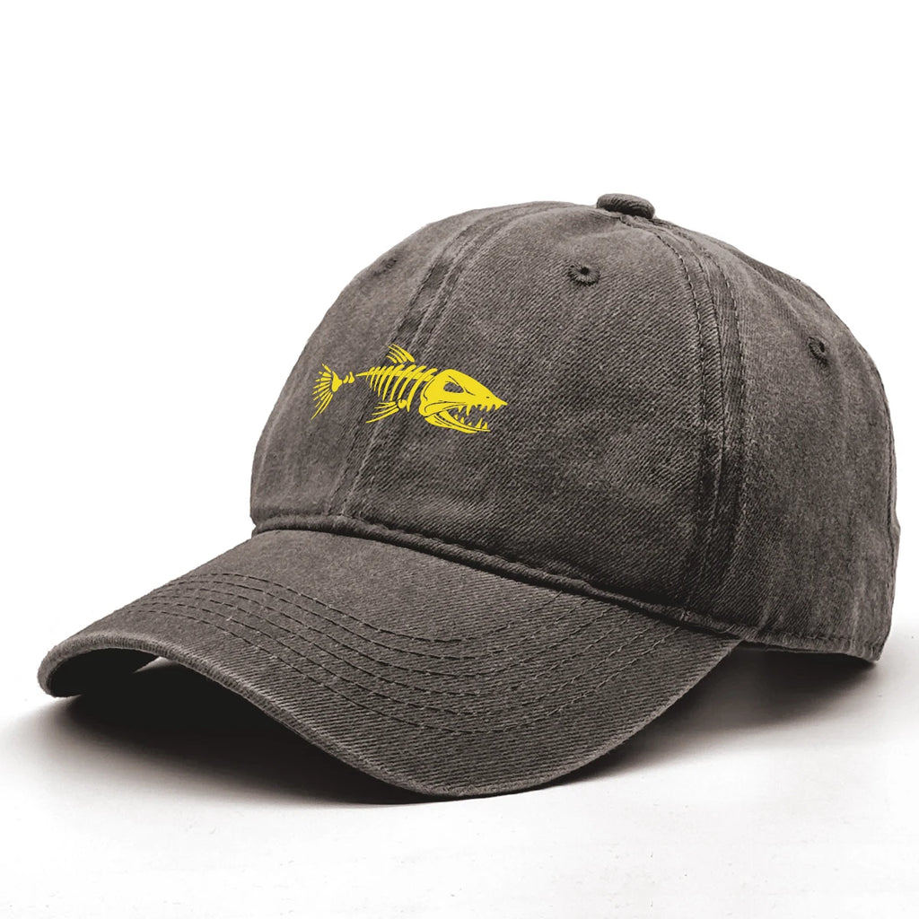 Vintage Washed Fish Skeleton Baseball Cap | Distressed Unisex Snapback Trucker Hat