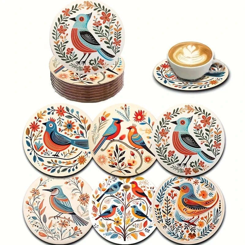 Bohemian Bird and Flower Wooden Drink Coaster Set for Coffee Tables and Colorful Home Decor