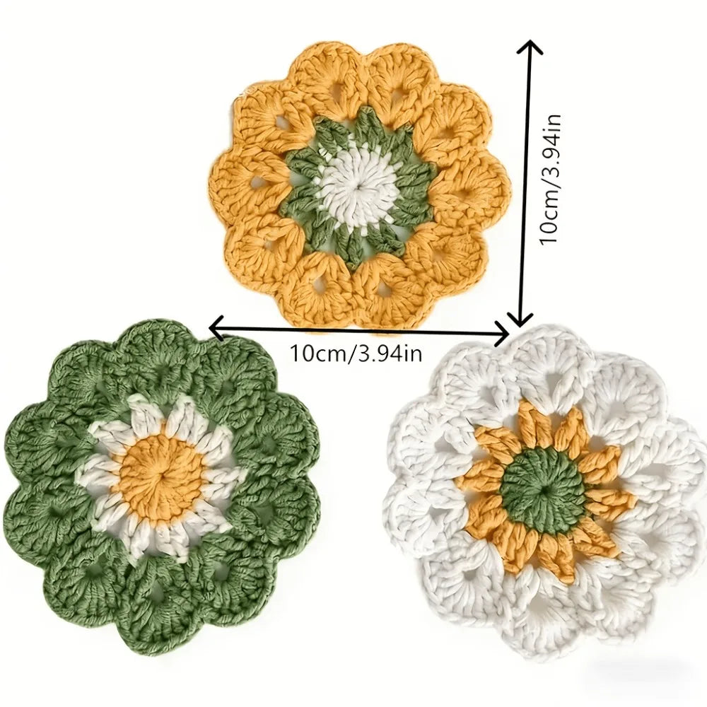 Boho Floral Crochet Style Coaster Set of 3 for Coffee Tables Kitchen Decor and Housewarming Gifts