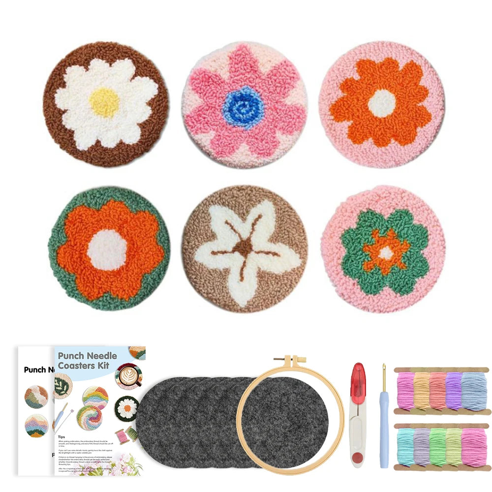 Flower Pattern Punch Needle Coaster Craft Kit for Beginners Tufted Mug Rugs and Creative Gifts