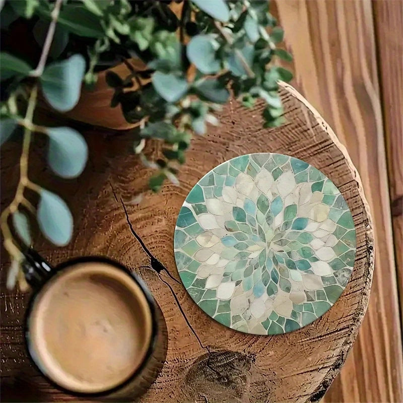 Green Gradient Leaf Wooden Coaster Set of 6, 10 cm Printed Botanical Drink Mats for Coffee Tables, Tea Cups and Everyday Home Decor