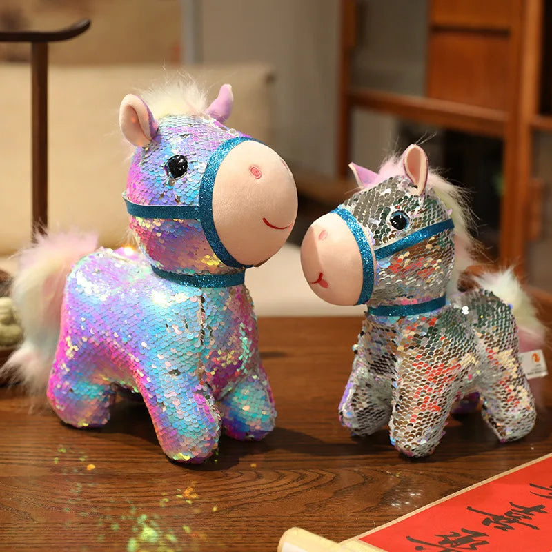 Sparkling Iridescent Glitter Horse Soft Plush Toy Calming Stress Relief Hug Pillow Cute Pendent Bag Home Decor Gift