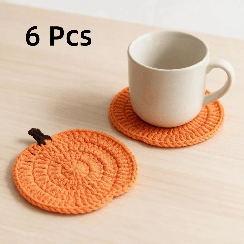 Crocheted Pumpkin Drink Coasters, Set of 6 Yarn Cup Mats in Autumn Colorways for Coffee Tables and Halloween Gatherings