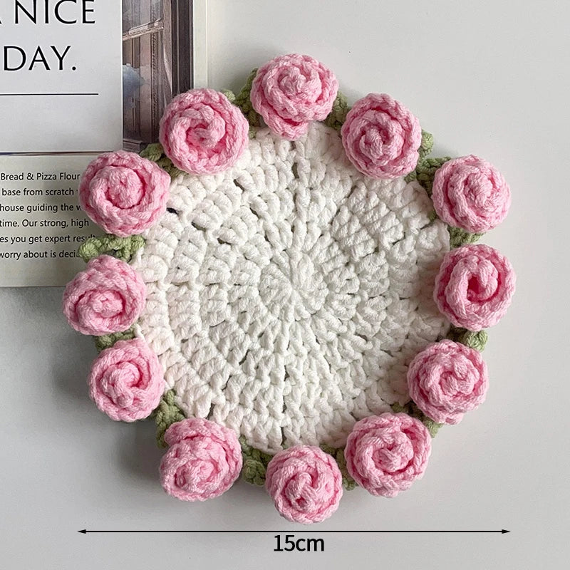 Rose Flower Crochet Style Coaster for Coffee Tables Kitchen Decor and Thoughtful Gifts