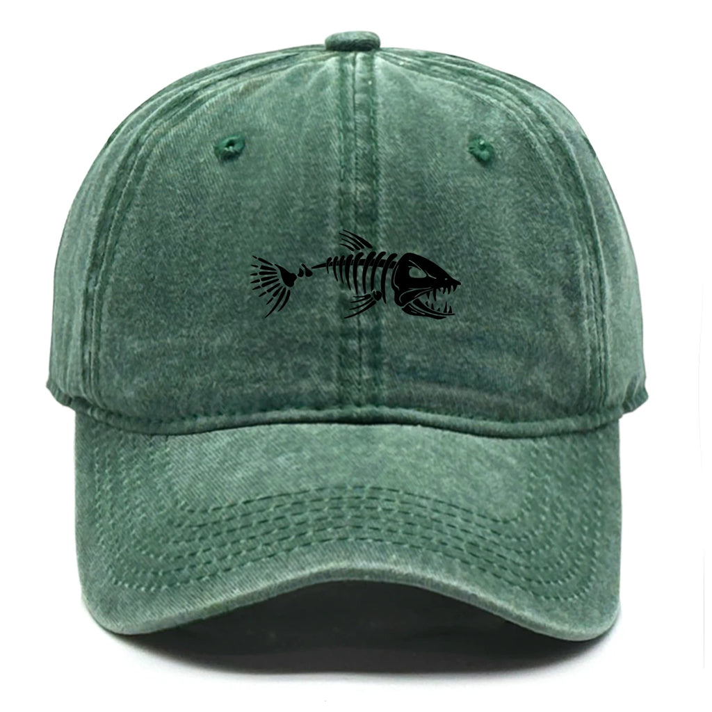 Vintage Washed Fish Skeleton Baseball Cap | Distressed Unisex Snapback Trucker Hat