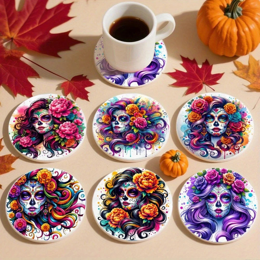 Floral Skull Wooden Drink Coasters, Set of 6 Printed 10 cm Cup Mats for Halloween Tables, Coffee Corners and Themed Gatherings