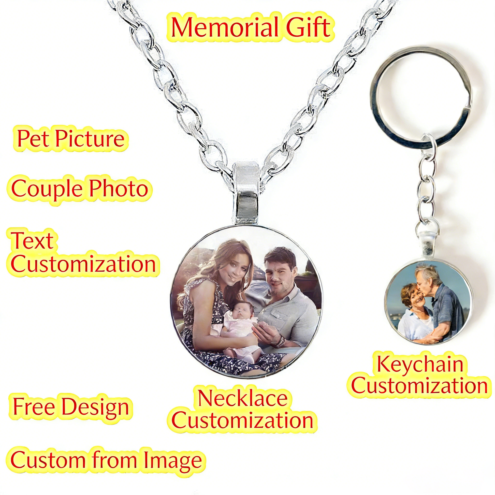Custom Memorial Photo Jewelry | Personalized Pet/Couple Necklace & Keychain